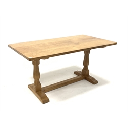 'Eagleman' Yorkshire oak 5’ dining table, with adzed rectangular top raised on octagonal turned supports, united by stretcher, 153cm x 84cm, H76cm- Mouseman interest