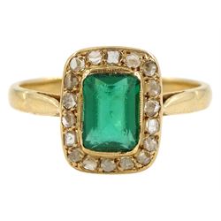 Gold rectangular green stone and rose cut diamond cluster ring 