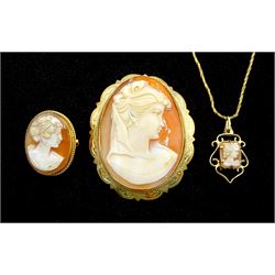 Large gold cameo brooch, smaller gold cameo brooch and a gold cameo pendant necklace, all 9ct hallmarked or stamped 375