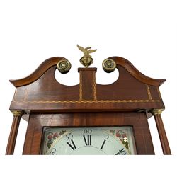 Richard Swaine of Stratford on Avon - 19th century 30-hour oak and mahogany longcase with a painted dial and earlier countwheel striking movement, with an inlaid swans necked pediment, brass paterie and an eagle and ball finial, square hood door with two reeded pilasters and brass capitals, trunk with recessed quarter columns, short trunk door and crossbanding, square plinth raised on a decorative base, ten inch painted dial with depictions of fruit within a gesso border to the spandrels, Roman numerals, five minute Arabic's and steel hands, dial pinned to an earlier birdcage movement with a countwheel strike and recoil anchor escapement, striking the hours on a bell. With weight and pendulum.
