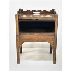 Georgian mahogany tray top cupboard, the shaped raised back and sides with pierced carry handles, up and over door to front, raised on square moulded supports (W60cm) together with a mahogany stool with needlework upholstered seat W43cm