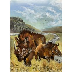 Sheila Gertrude Mackie (Northern British 1928-2010): Sumatran Rhinoceros Mother and Calf in the Plains, oil on board signed with initials 51cm x 38cm
Notes: this picture is the original of the illustration used in 'The Great Seasons’ by David Bellamy