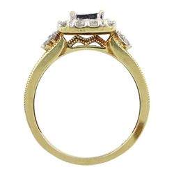 9ct gold princess and round brilliant cut diamond square cluster ring, with beaded pierced gallery and shoulders, hallmarked, total diamond weight 0.92 carat