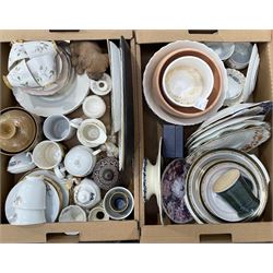 Quantity of ceramics including part tea sets, Victorian comport, stoneware jar, Belleek vase etc in two boxes