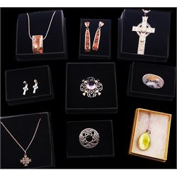 Silver jewellery including Orlap granite earrings and pendant set, Scottish silver Iona marble cross pendant necklace, stone set thistle brooch and Celtic design jewellery, all boxed 