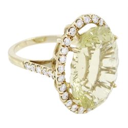 18ct gold oval cut lemon quartz and round brilliant cut diamond cluster ring, with diamond set shoulders, quartz approx 16.15 carat, total diamond weight approx 0.90 carat