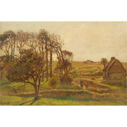 Continental School (Early 20th century): Figures by a Farmstead, oil on canvas indistinctly signed 50cm x 72cm