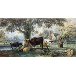Aster Richard Chilton Corbould (British c.1812-1882): Rustic Scene with Horned Cattle and Sheep, watercolour signed and dated 1856, 38cm x 65cm