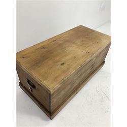 Late 19th century pine blanket box, hinged top, raised on castors W117cm