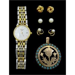 Longines Les Grandes Classiques ladies quartz wristwatch, Ref. L5.132.3, three pairs of 9ct gold earrings, including knot, pearl and sapphire and a continental silver and turquoise floral pendant, stamped 900