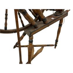 19th century beech spinning wheel with turned finials 