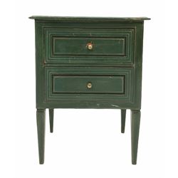 Small green painted bedside chest, fitted with two drawers, raised on square tapered supports W50cm