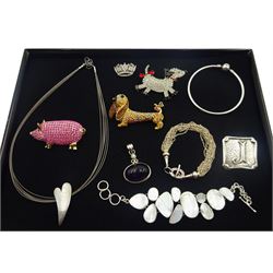 Three Butler and Wilson crystal set animal brooches including pig and dachshund and a collection of silver and silver stone set jewellery including Pandora Moments bangle, Links of London T-bar bracelet, initial 'J' brooch, London 1948, mother of pearl bracelet, crown brooch etc, all stamped or hallmarked