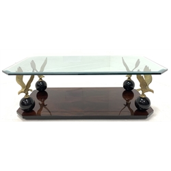 'Hollywood Regency' retro brass eagle Vintage coffee table, with bevelled plate glass top raised on four brass eagles surmounting a quarter saw veneered mahogany base, W120cm x 71cm, H40cm