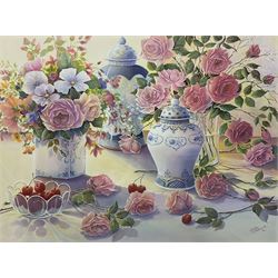 Trisha Hardwick (British 1949-2022): Still Life of Roses and and Porcelain, oil on canvas laid onto board signed and dated '92, 46cm x 60cm
