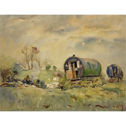 Frederick (Fred) Lawson (British 1888-1968): Caravans at the Redmire Feast, watercolour signed 35cm x 45cm