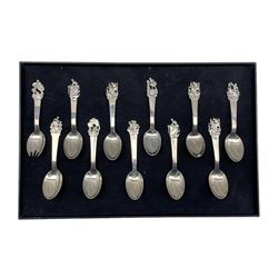 Eleven Danish silver spoons, the finials cast with various figures L15cm, Copenhagen various dates circa 1935-1955  assay master Johannes Siggaard 10.5oz