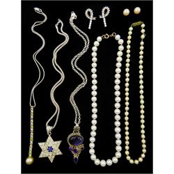 Pair of 9ct gold cubic zirconia knot earrings, cultured pearl necklace with 9ct gold clasp, one other pearl necklace, silver blue goldstone and amethyst pendant necklace, silver stone set jewellery and a pair of simulated pearl stud earrings