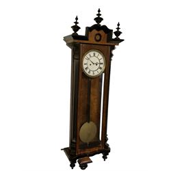 German - 8-day weight-driven 19th century Vienna regulator, in a walnut and ebony case with finials, fully glazed door and side panels, enamel dial with Roman numerals and fretted steel hands, striking the hours and half hours on a coiled gong. With pendulum and weights.