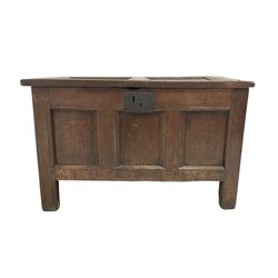 18th century oak coffer, the lifting rectangular top over base with three panels, raised on square supports W87cm, H55cm, D45cm
