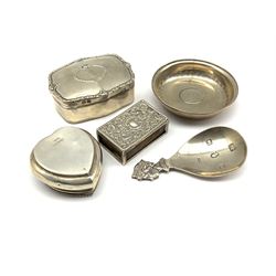 Silver rectangular ring box W6.5cm Birmingham 1910, late Victorian silver match box holder, silver heart shape trinket box and two other items