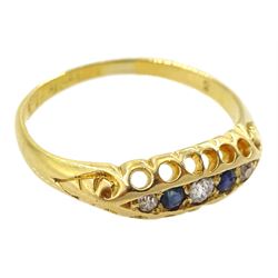 Early 20th century 18ct gold five stone old cut diamond and sapphire ring, hallmarked