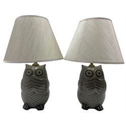 Pair of glazed pottery table lamps, each modelled as Owls, including shade H46cm