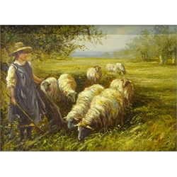 English School (20th century): Shepherdess with her Flock, oil on panel unsigned 11.5cm x 16.5cm