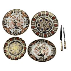 Royal Crown Derby Imari no. 1128 dinner plate D27cm and wavy rim plate, together with Royal Crown Derby imari handled bread knife and letter opener and Kings pattern dinner plate and serving dish (6)