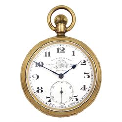 Early 20th century gold-plated open face keyless lever pocket watch by Thomas Russell & Son Liverpool, white enamel dial with Arabic numerals signed 'Tempus Fugit', with subsidiary seconds dial 