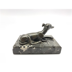 Desk paperweight in the form of a bronze recumbent greyhound on a veined grey marble base W13cm