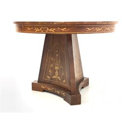 20th century walnut centre table, the circular top inlaid with boxwood stringing and floral marquetry, over concave trefoil pedestal raised on a shaped platform base D108cm, H78cm