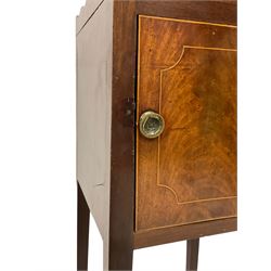 George III mahogany pot cupboard or bedside cabinet, square tapered form with waved gallery top, enclosed by single door with boxwood stringing and pressed brass handle, on square tapering supports
