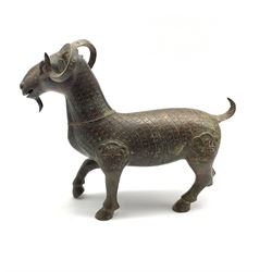 Chinese Archaic style bronze model of a Goat with inscription beneath, L35cm  