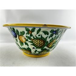 Italian Cantagalli Majolica two-handled vase and bowl, the vase with flat jagged handles and bulbous body and painted in polychrome with branches of fruit and birds H28cm and a similarly decorated bowl D38cm, both having painted Cokerel marks beneath 