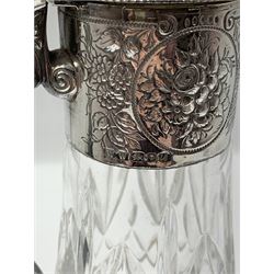 Victorian style silver mounted cut glass claret jug, the tapered diamond pattern clear glass body by Atlantis crystal with floral embossed silver mount, mask spout and handle, hallmarked W W, London 1994, H28.5cm