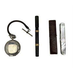 Plated purse, three cameo buttons, cased, mother of pearl penknife Watermans Safety fountain  pen with retractable nib marked 12 1/2 VS and a pocket compass