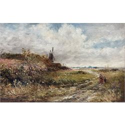 William Manners (British 1860-1930): Figures on a Path with Windmill, oil on board signed 20cm x 30cm
