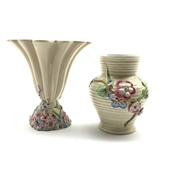  Newport pottery Clarice Cliff vase of fluted design Shape No. 830 decorated in the 'My Garden' pattern H20cm and a ribbed baluster 'My Garden' vase Shape No. 912 H18cm  