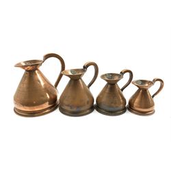 Set of four Victorian copper haystack measures, comprising half gallon, quart, pint and 1/2 pint, each bearing HR proof seals (4)