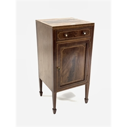 Edwardian cross banded mahogany and box wood and ebony strung bedside cabinet by Maple & Co, fitted with one drawer and a single cupboard enclosing a fixed shelf, raised on square tapered supports with peg feet