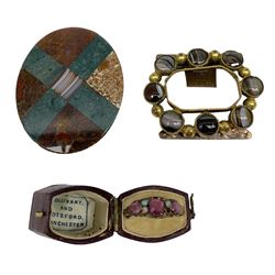 Victorian Scottish Agate specimen brooch panel, Victorian gilt metal and banded agate clasp, together an 18ct gold opal and stone set ring (3)