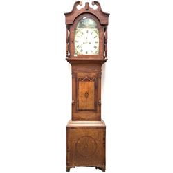 Late Georgian oak and mahogany longcase clock, painted white enamel dial with Roman chapter ring and subsidiary seconds hand, striking the hours hammer on bell H223