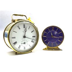 Brass cased drum type alarm clock, white enamel dial with Roman chapter ring inscribed Hyde and Sons Sleaford, (D10cm) together with a small mechanical alarm clock dial inscribed Swiza 