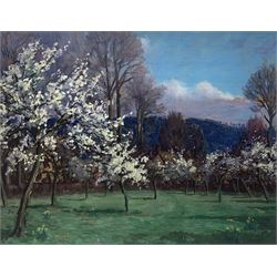 Sir Alfred East RA (British 1849-1913): Blossom, oil on panel signed with monogram 31cm x 40cm