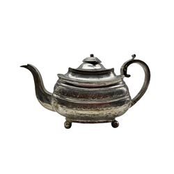 George III silver teapot of rectangular design engraved with bands of trailing leaves within a gadrooned border and on ball feet Exeter 1814 Maker William Woodman 18.2oz