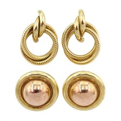 Pair of gold circular stud earrings and one other pair of knot earrings, both hallmarked 9ct, approx 6.35gm