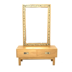 Poul Norreklit for Select Form Denmark - oak side cabinet with matching wall hanging mirror, with studio pottery ornamentation and fitted with two drawers, raised on square supports, W110cm (Mirror 80cm x 120cm)