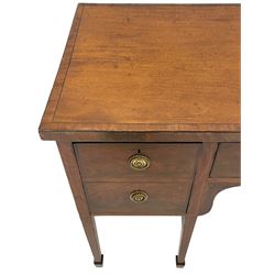 George III mahogany straight front sideboard, rectangular top with crossbanding, fitted with three drawers, on square tapering supports with spade feet