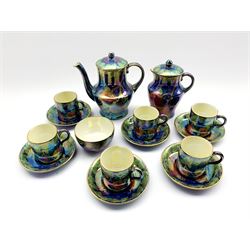 Art Deco Maling lustre coffee set decorated in the Plum and Orchid pattern, no. 3449 comprising coffee pot, hot water pot, sugar bowl and six coffee cups & saucers